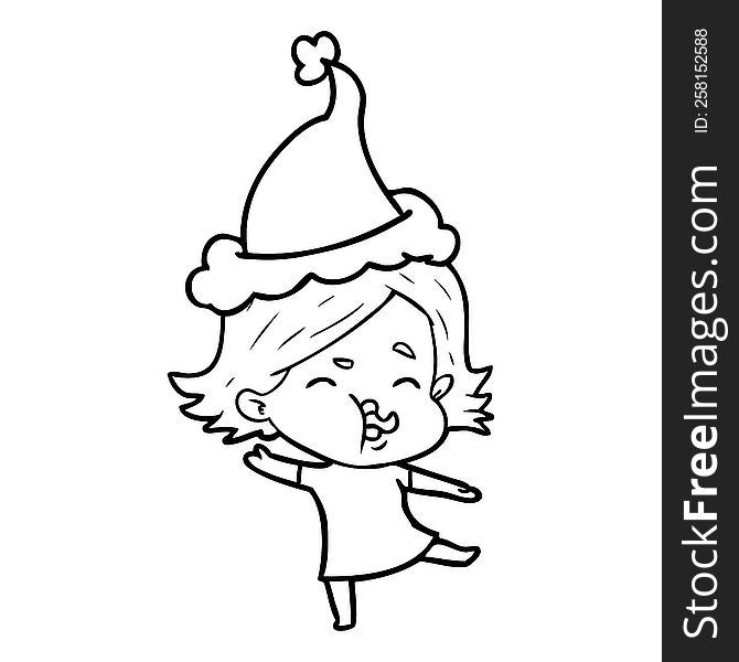 hand drawn line drawing of a girl pulling face wearing santa hat