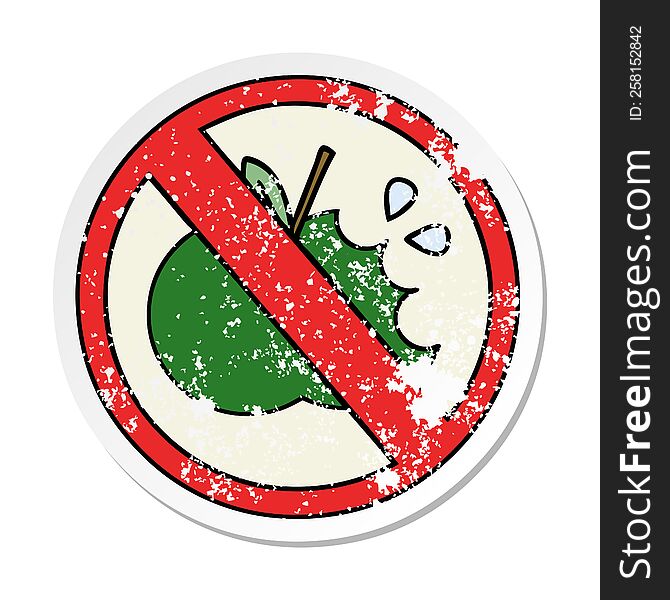 distressed sticker of a cute cartoon no healthy food allowed sign