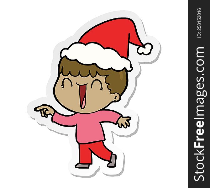 laughing hand drawn sticker cartoon of a man pointing wearing santa hat. laughing hand drawn sticker cartoon of a man pointing wearing santa hat