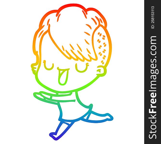 Rainbow Gradient Line Drawing Cute Cartoon Girl With Hipster Haircut