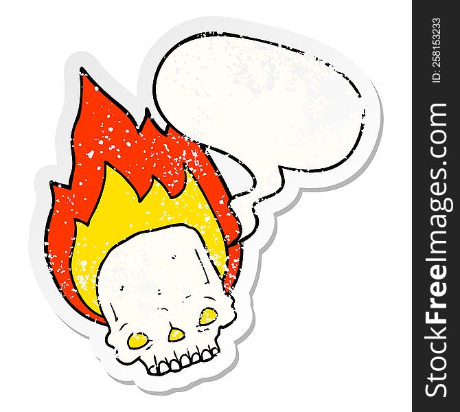 Spooky Cartoon Flaming Skull And Speech Bubble Distressed Sticker