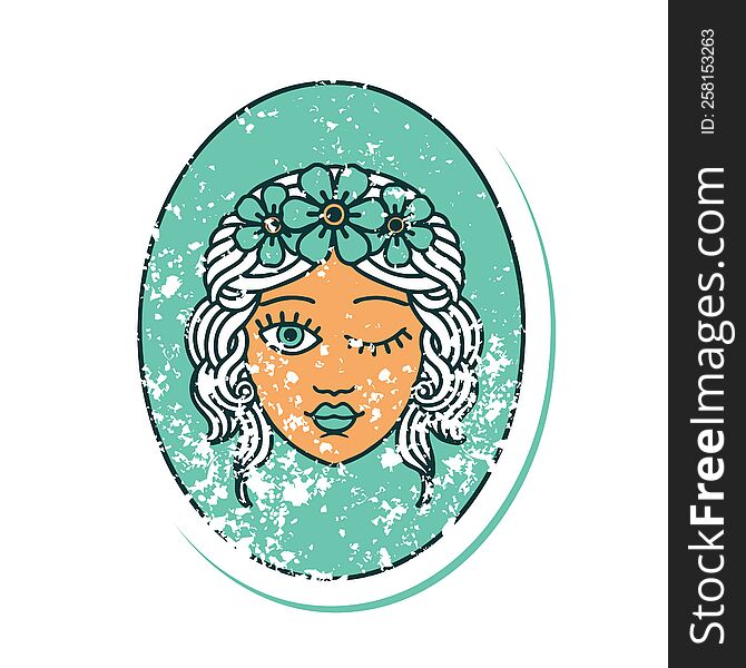 iconic distressed sticker tattoo style image of a maiden with crown of flowers winking. iconic distressed sticker tattoo style image of a maiden with crown of flowers winking