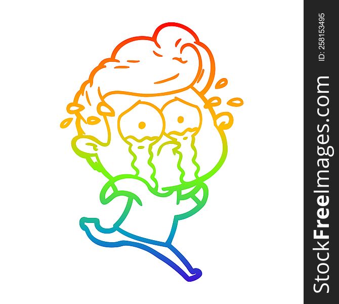 rainbow gradient line drawing of a cartoon crying man running