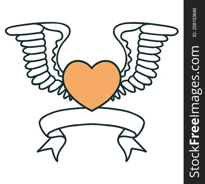Tattoo With Banner Of A Heart With Wings