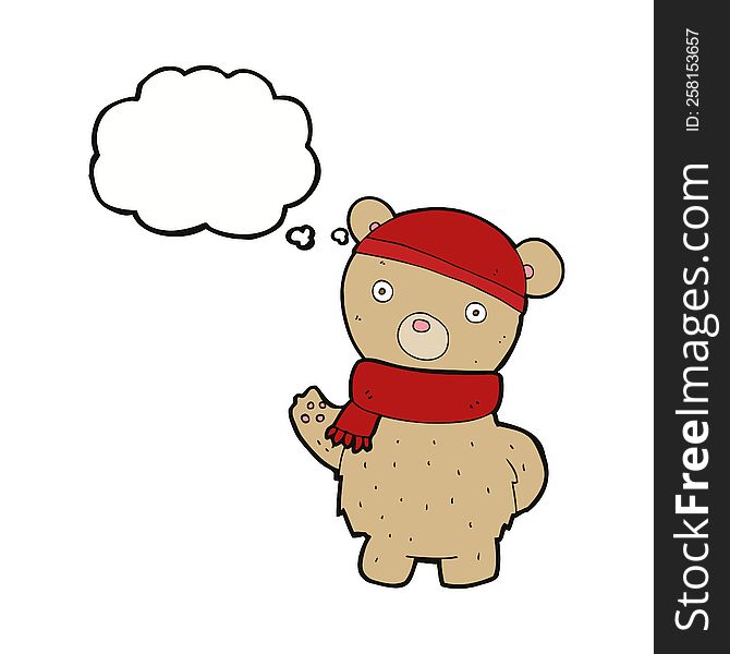 Cartoon Teddy Bear In Winter Hat And Scarf With Thought Bubble