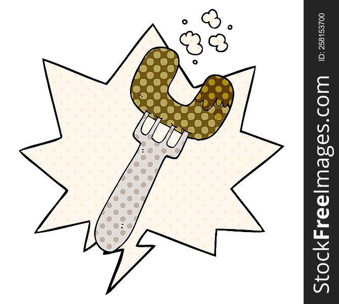 cartoon sausage on fork with speech bubble in comic book style