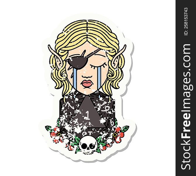 Crying Elf Rogue Character Face With Natural One D20 Roll Grunge Sticker