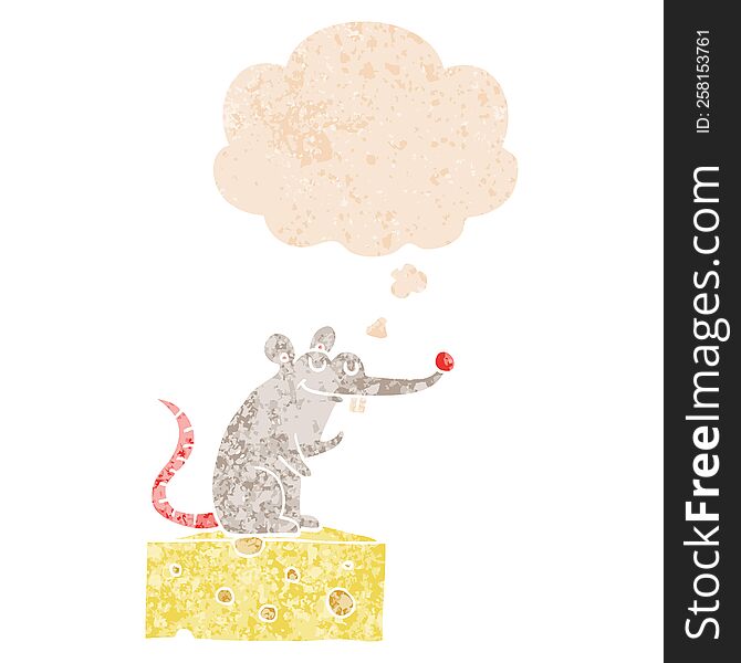 Cartoon Mouse Sitting On Cheese And Thought Bubble In Retro Textured Style
