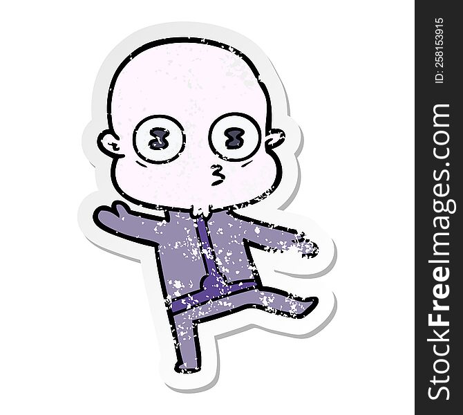 Distressed Sticker Of A Cartoon Weird Bald Spaceman Dancing