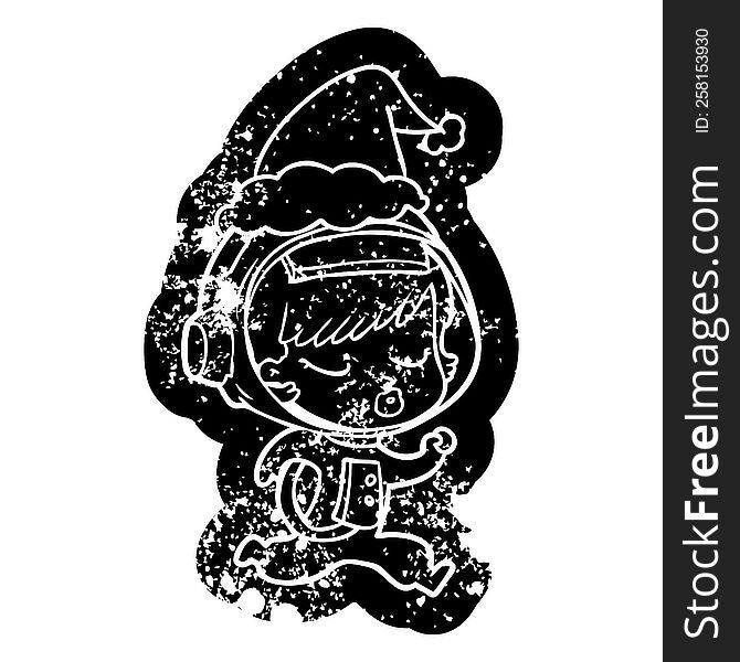 quirky cartoon distressed icon of a pretty astronaut girl running wearing santa hat