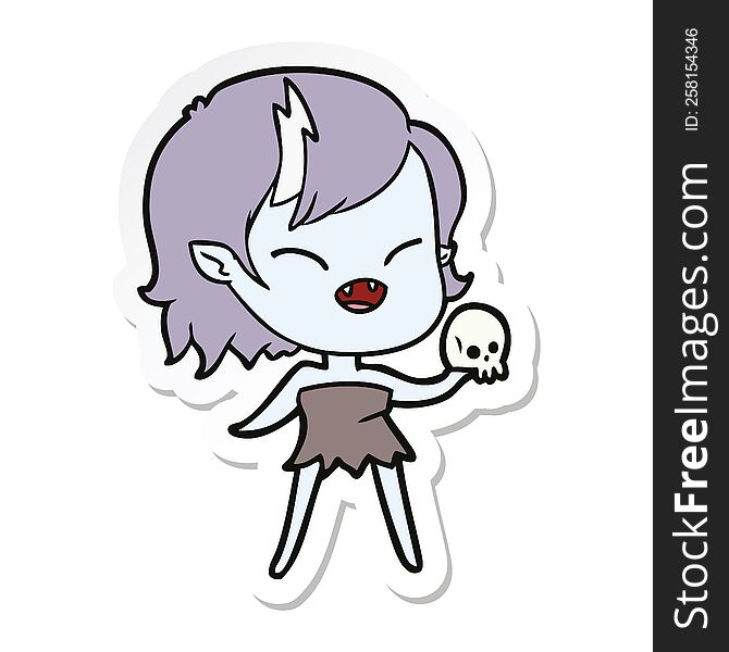 sticker of a cartoon laughing vampire girl with skull