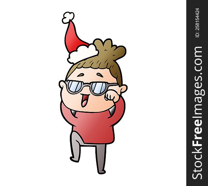 Gradient Cartoon Of A Happy Woman Wearing Spectacles Wearing Santa Hat