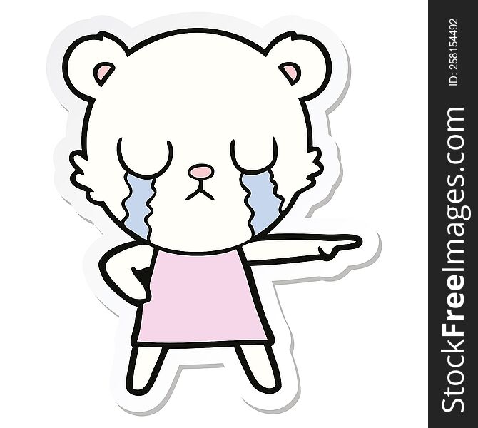 sticker of a crying polar bear in dress pointing