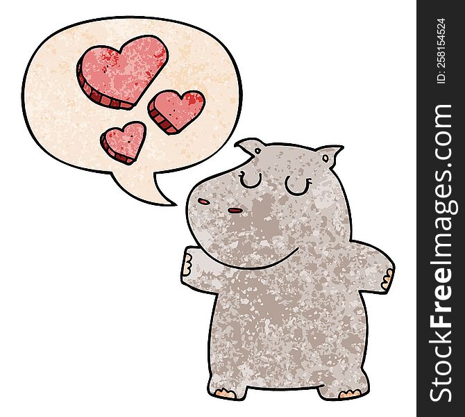cartoon hippo in love with speech bubble in retro texture style