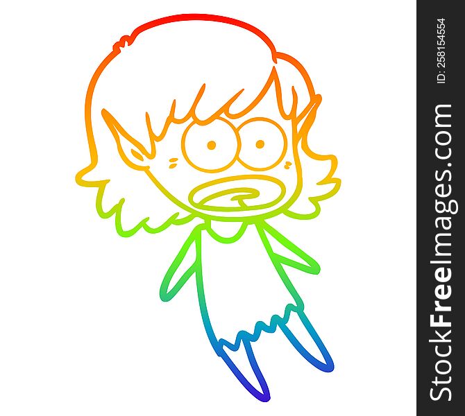 rainbow gradient line drawing of a cartoon shocked elf girl flying