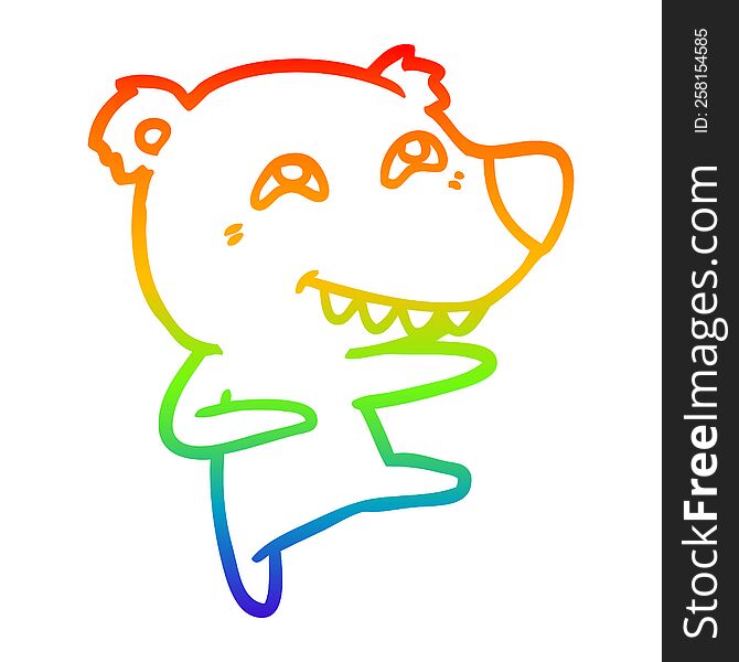 rainbow gradient line drawing of a cartoon bear showing teeth while dancing