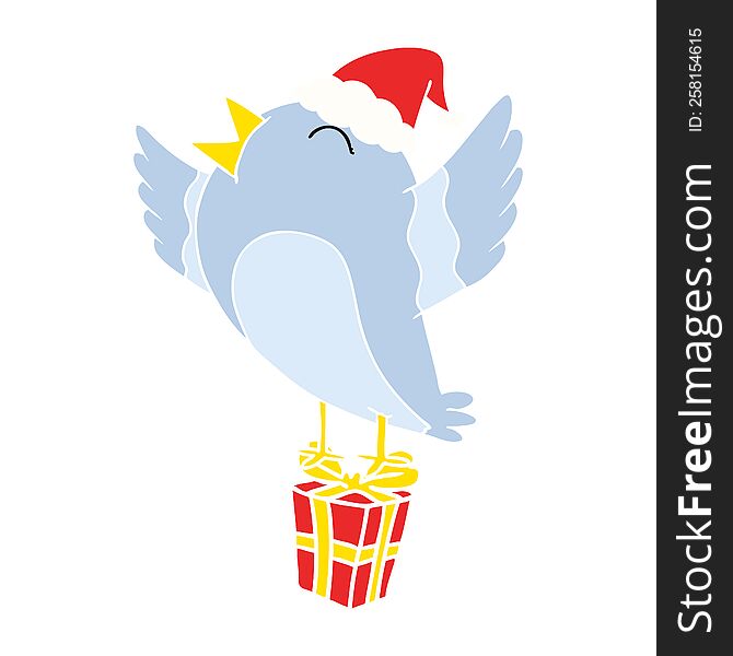 Flat Color Illustration Of A Bird Wearing Santa Hat