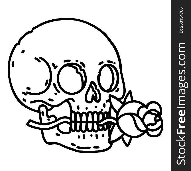 tattoo in black line style of a skull and rose. tattoo in black line style of a skull and rose