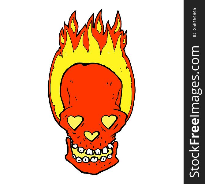 cartoon flaming skull with love heart eyes