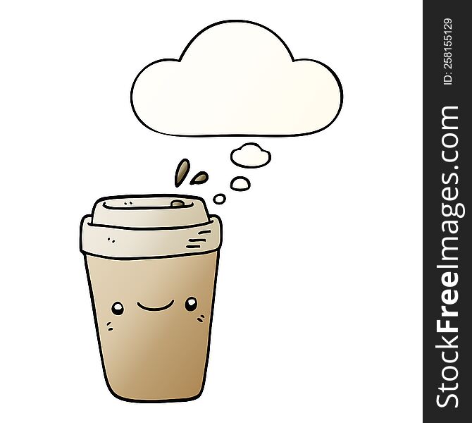 cartoon takeaway coffee with thought bubble in smooth gradient style