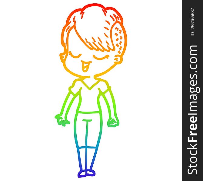 Rainbow Gradient Line Drawing Happy Cartoon Girl