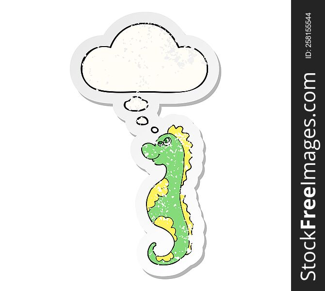 cartoon sea horse with thought bubble as a distressed worn sticker