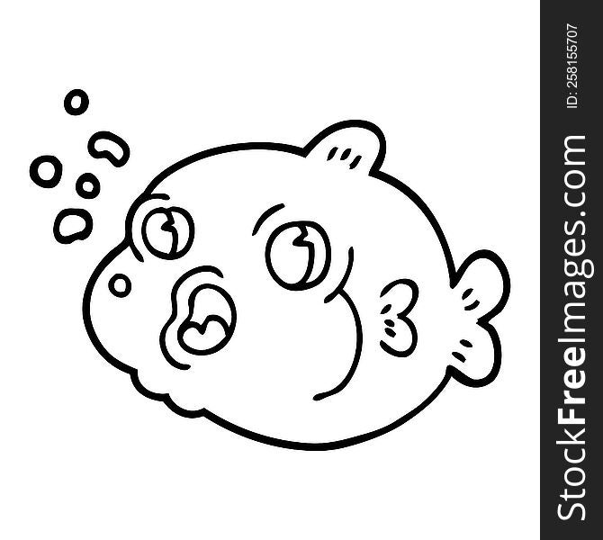 Line Drawing Cartoon Fish Blowing Bubbles