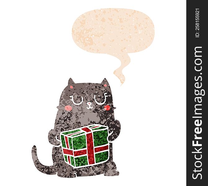 Cartoon Christmas Cat And Speech Bubble In Retro Textured Style