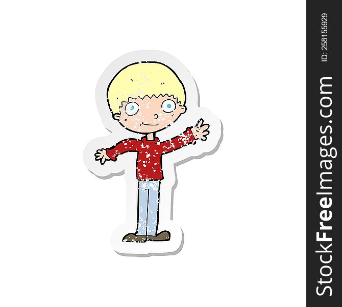 Retro Distressed Sticker Of A Cartoon Happy Waving Boy
