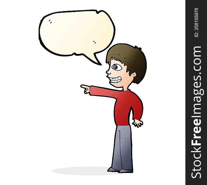 Cartoon Grinning Boy Pointing With Speech Bubble