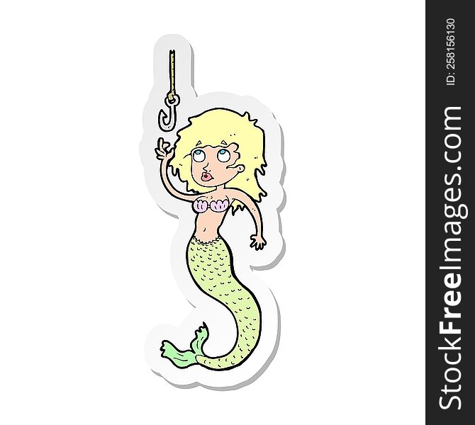 sticker of a cartoon mermaid and fish hook