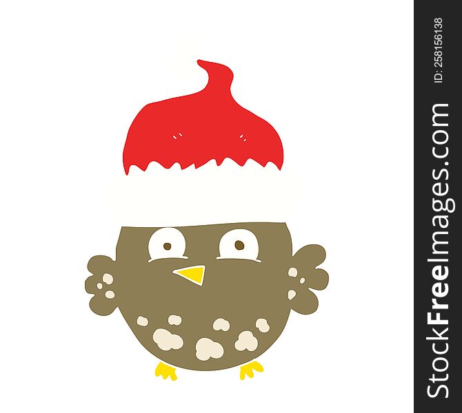 Flat Color Illustration Of A Cartoon Owl Wearing Christmas Hat