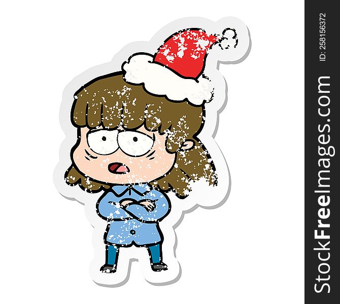 Distressed Sticker Cartoon Of A Tired Woman Wearing Santa Hat