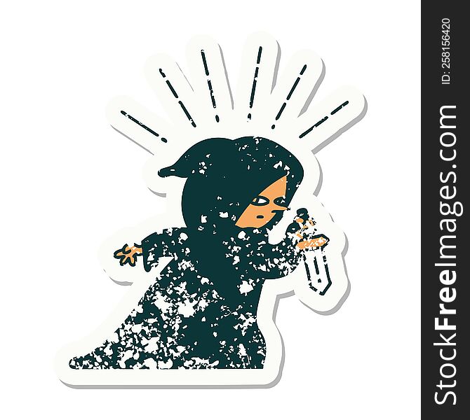 Grunge Sticker Of Tattoo Style Assassin With Knife