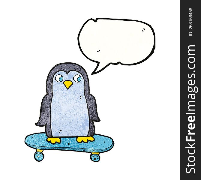 freehand speech bubble textured cartoon penguin riding skateboard