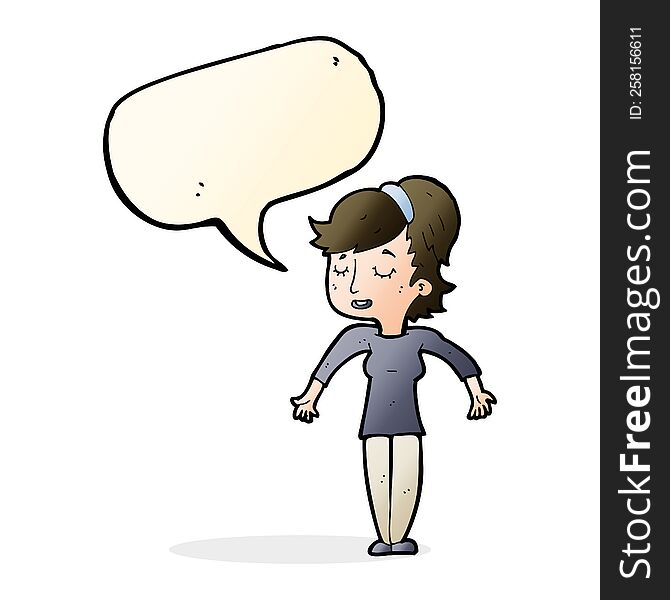 Cartoon Friendly Woman Shrugging Shoulders With Speech Bubble