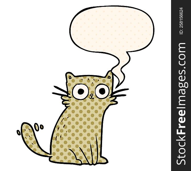 cartoon staring cat with speech bubble in comic book style