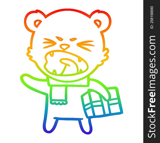 rainbow gradient line drawing of a angry cartoon polar bear with christmas present