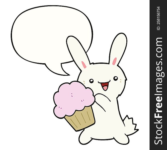 cute cartoon rabbit with muffin with speech bubble. cute cartoon rabbit with muffin with speech bubble