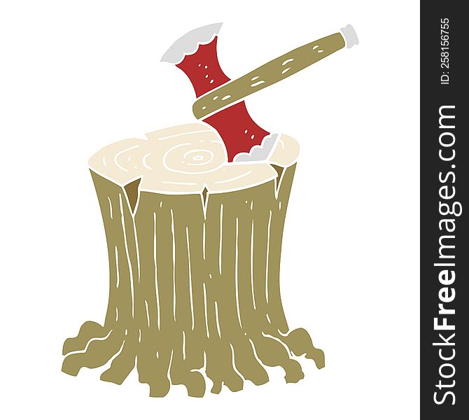 Flat Color Illustration Of A Cartoon Axe In Tree Stump