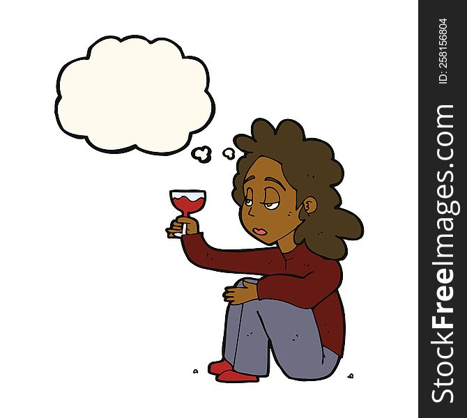 Cartoon Unhappy Woman With Glass Of Wine With Thought Bubble