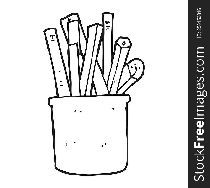 black and white cartoon desk pot of pencils and pens