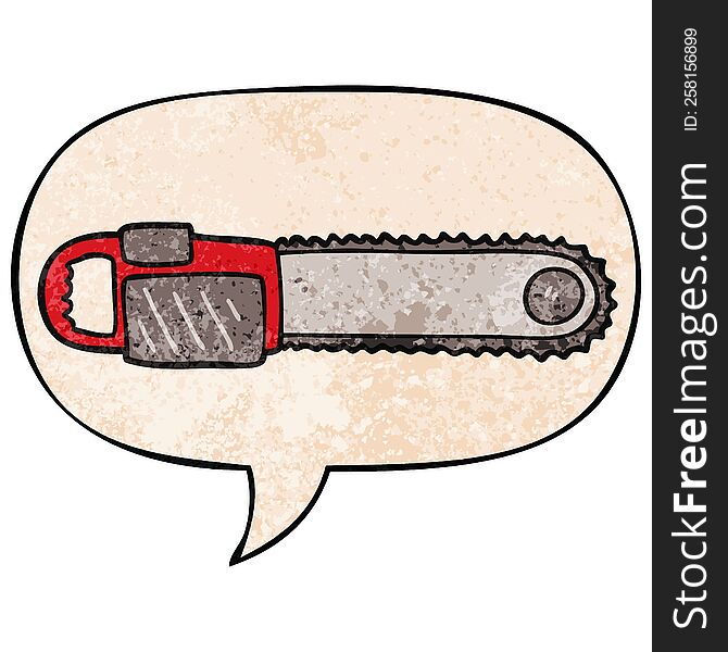 cartoon chainsaw with speech bubble in retro texture style