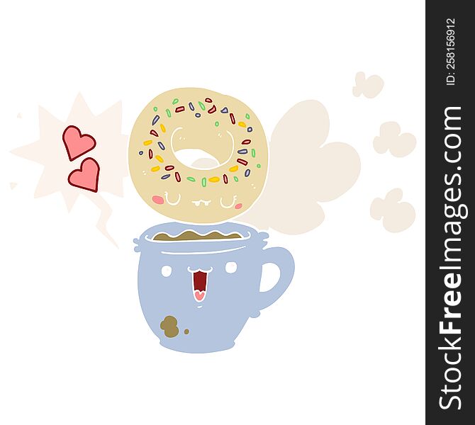 cute cartoon donut and coffee and speech bubble in retro style