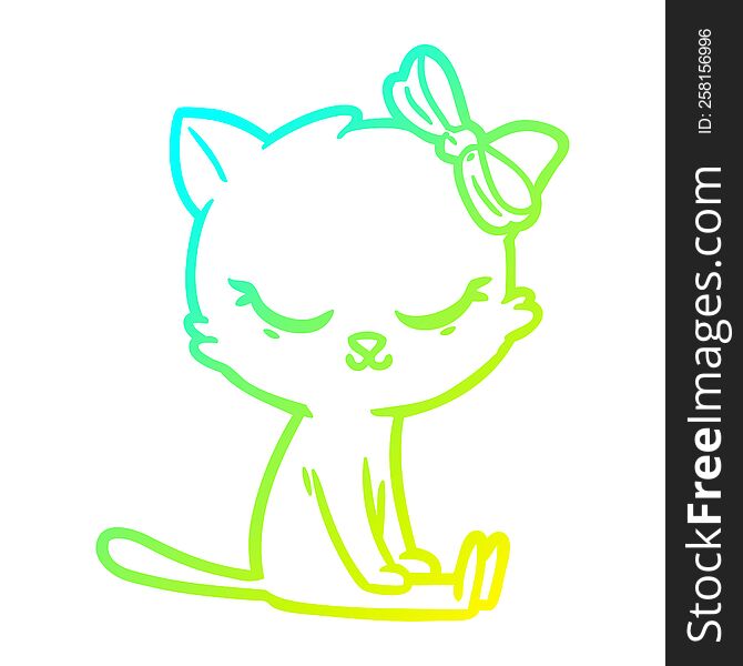 Cold Gradient Line Drawing Cute Cartoon Cat With Bow