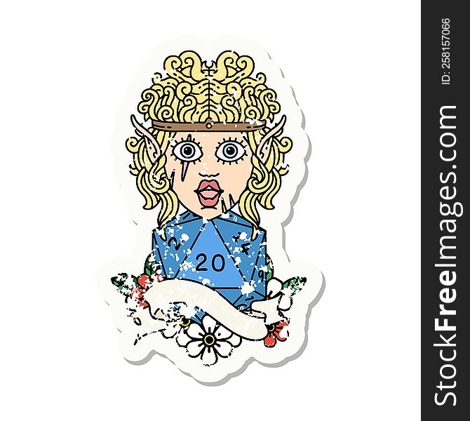 Elf Barbarian Character Face With Natural Twenty Dice Roll Grunge Sticker