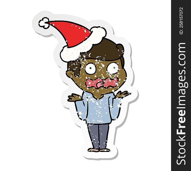 hand drawn distressed sticker cartoon of a man totally stressed out wearing santa hat