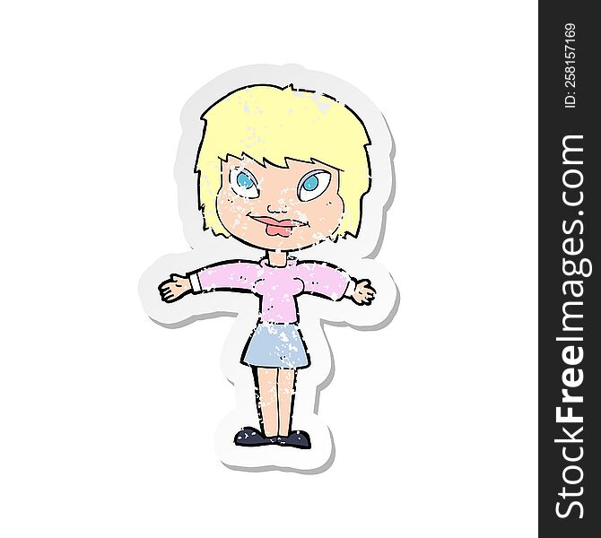 Retro Distressed Sticker Of A Cartoon Woman With Open Amrs