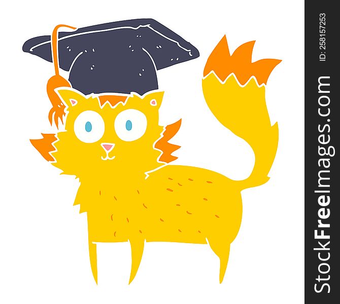 Flat Color Illustration Of A Cartoon Cat Graduate