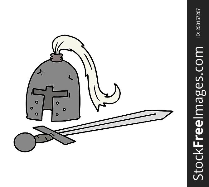 hand drawn cartoon doodle of a medieval helmet and sword
